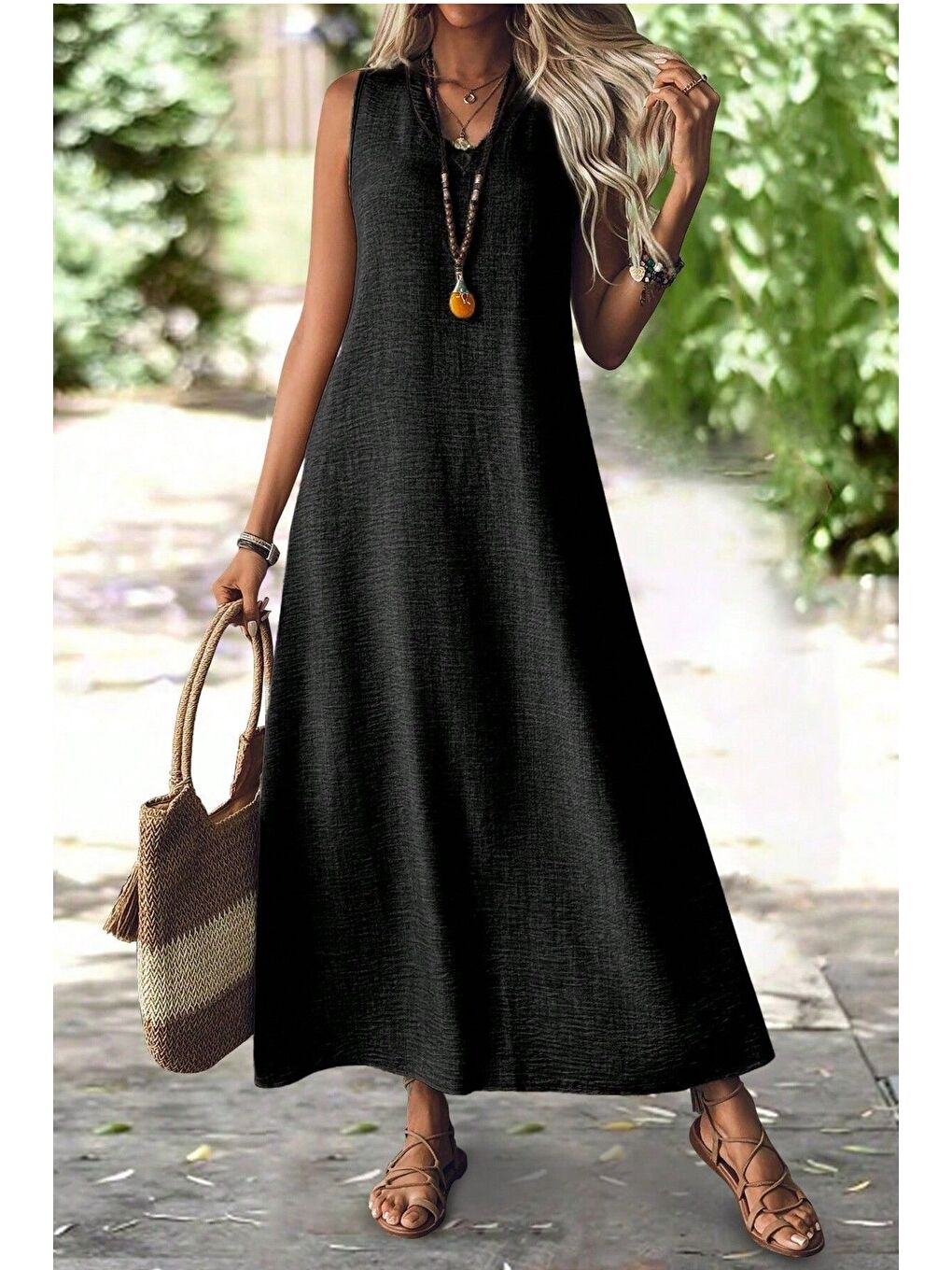 Kadın Siyah V Yaka Kolsuz Maxi Boy Keten Elbise
