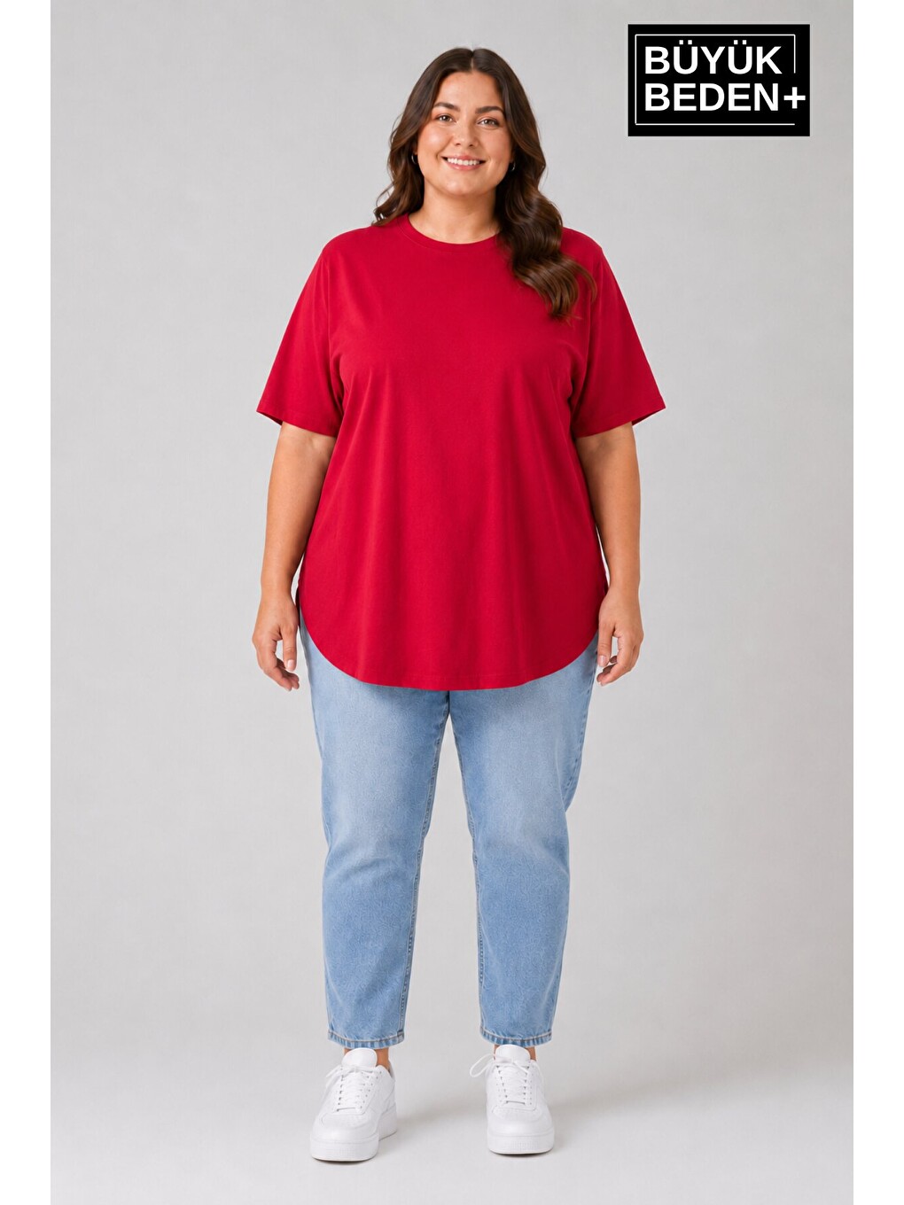 Kırmızı Büyük Beden Kadın Bisiklet Yaka Basic Oval Etek Detalylı 3xl-6xl Uzun Tunik Spr26btsk502