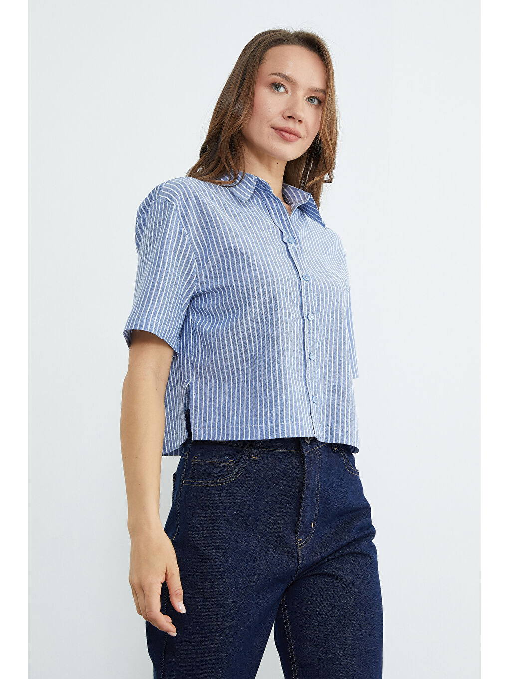 Lacivert Çizgili Oversize Crop Gömlek-4