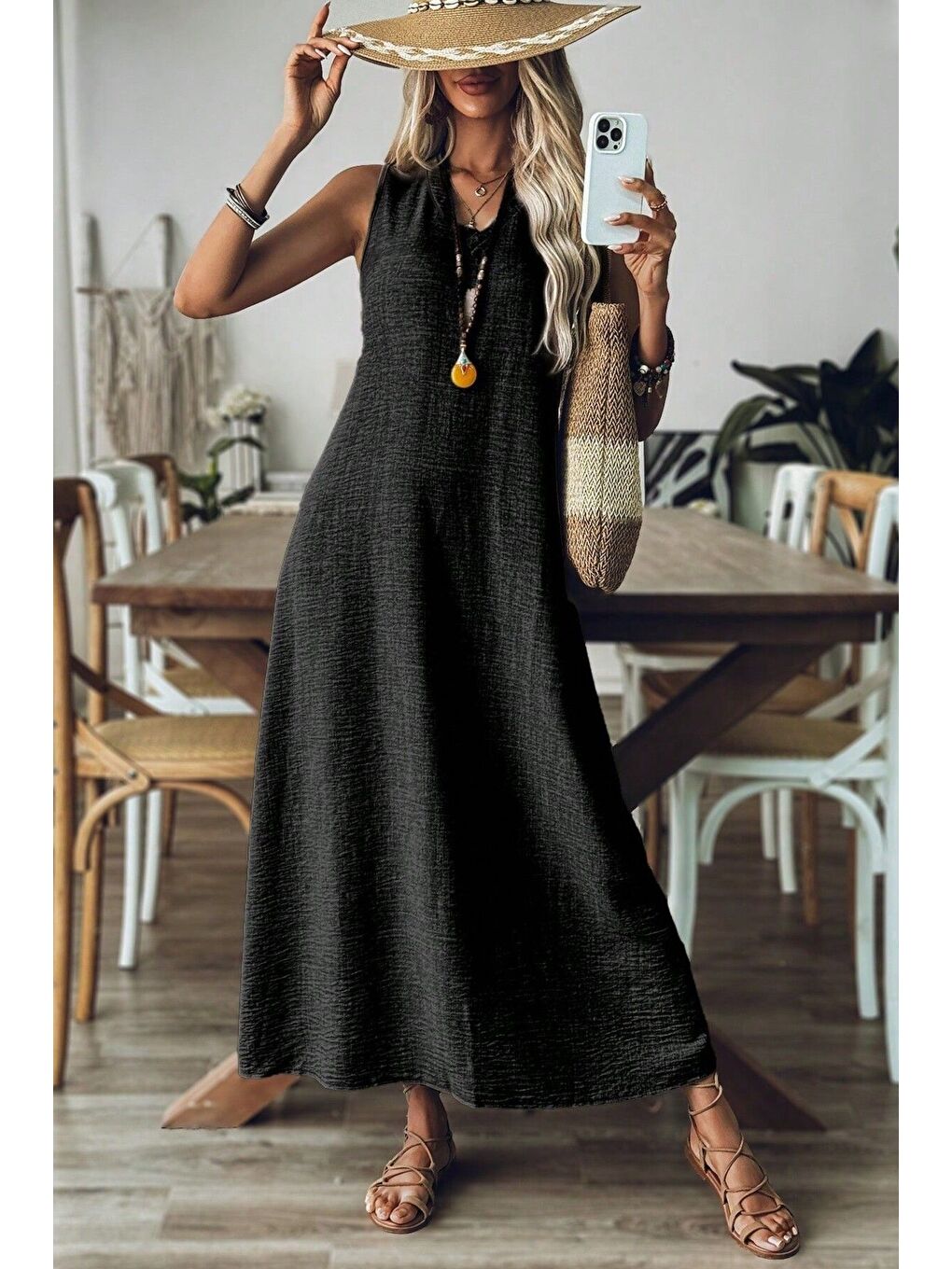 Kadın Siyah V Yaka Kolsuz Maxi Boy Keten Elbise-2
