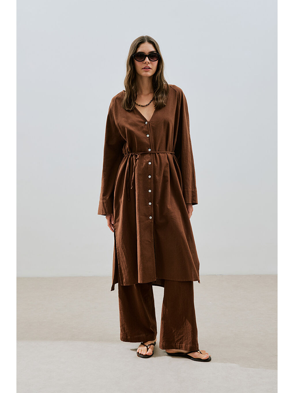 Dokulu Düğmeli Uzun Tunik Kahverengi-1