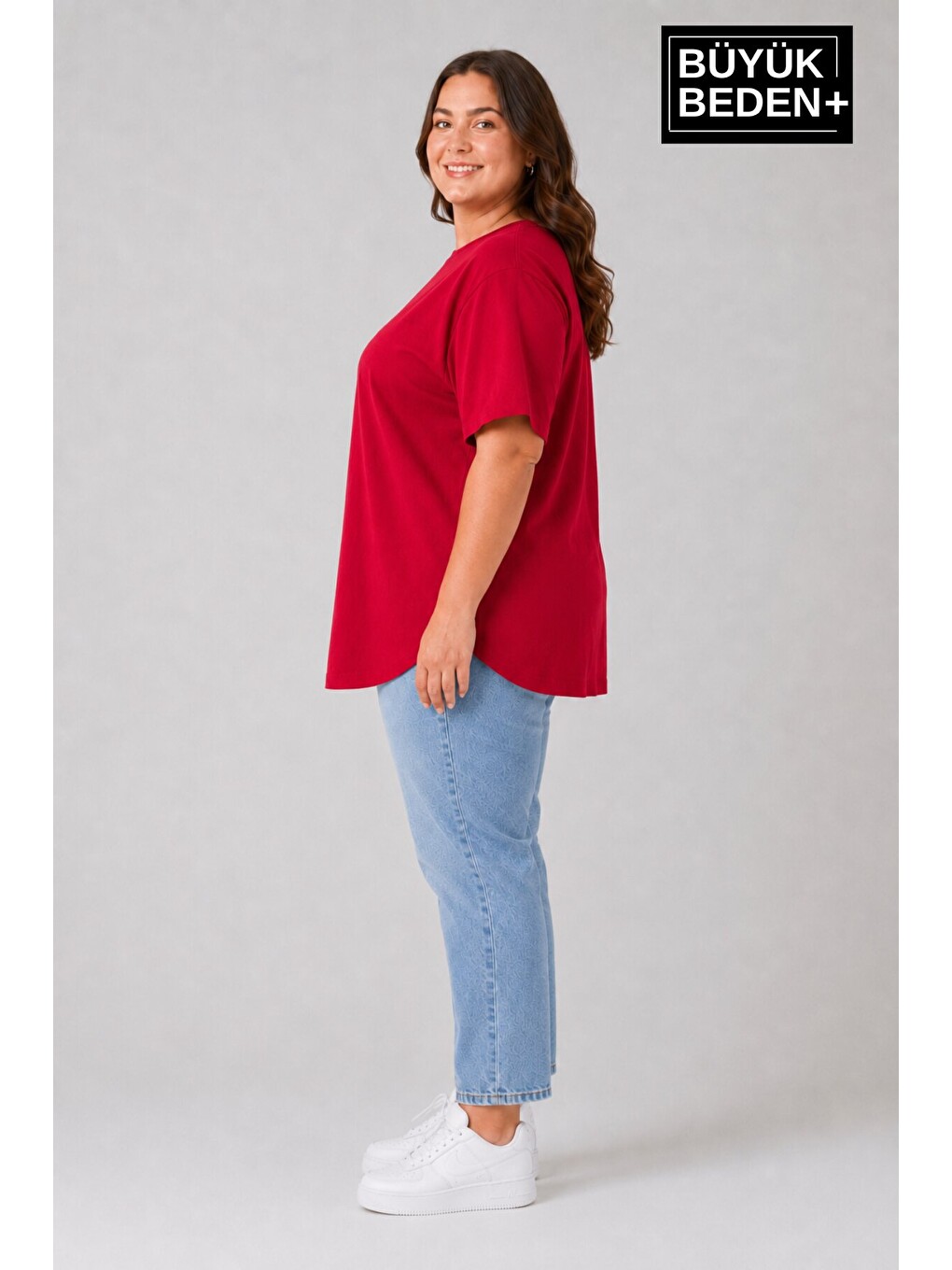 Kırmızı Büyük Beden Kadın Bisiklet Yaka Basic Oval Etek Detalylı 3xl-6xl Uzun Tunik Spr26btsk502-1
