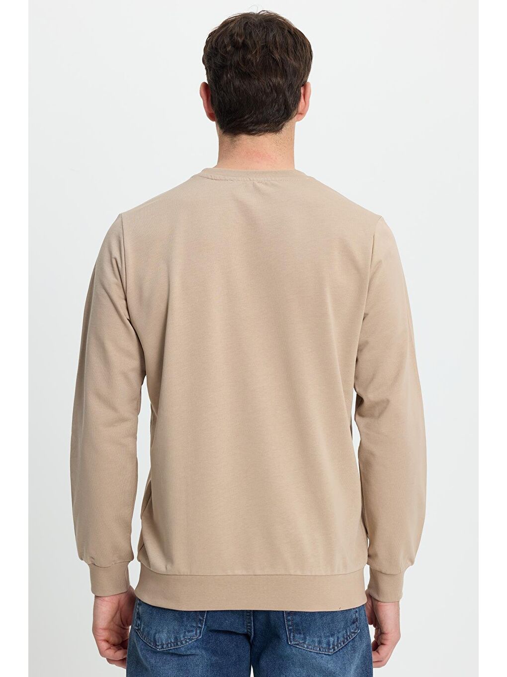 Bej Erkek Relax Fit Rahat Kesim %100 Pamuk 2 İplik Bisiklet Yaka Taş Sweatshirt-6