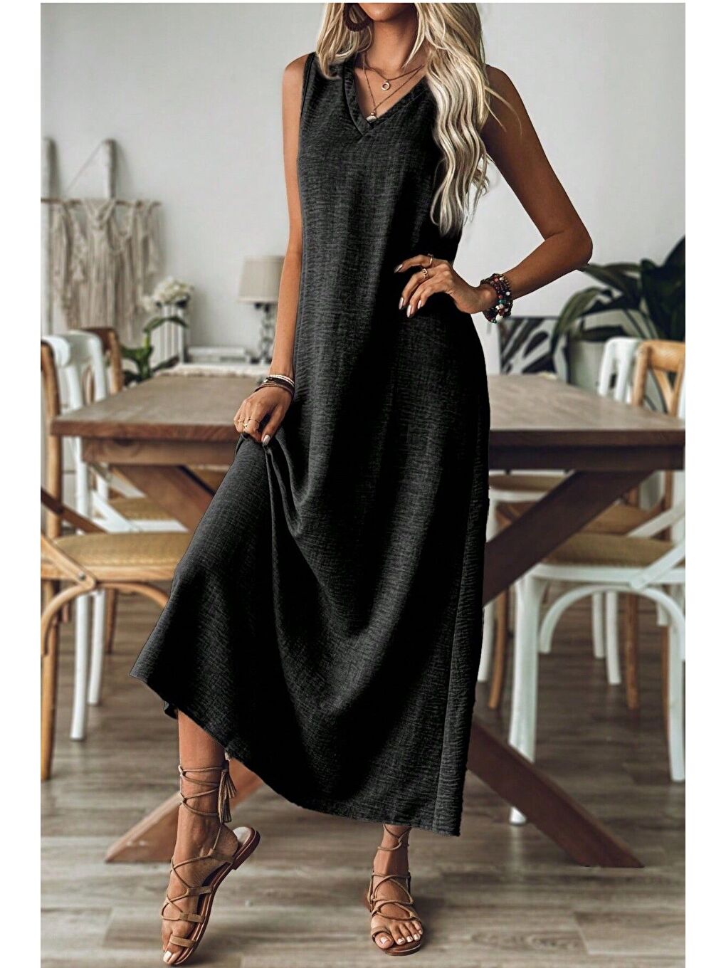 Kadın Siyah V Yaka Kolsuz Maxi Boy Keten Elbise-5