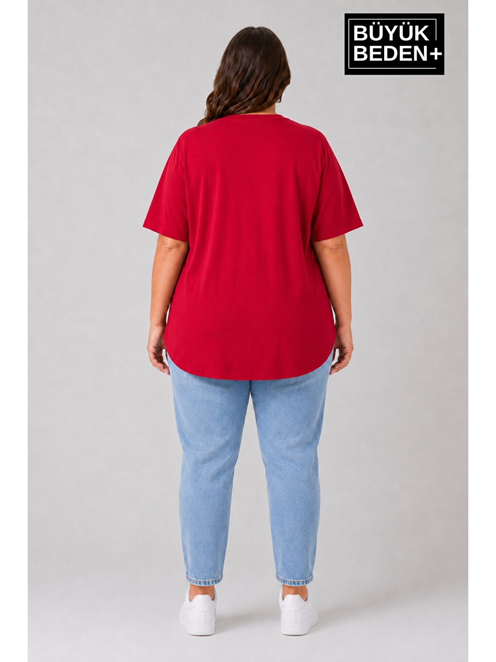 Kırmızı Büyük Beden Kadın Bisiklet Yaka Basic Oval Etek Detalylı 3xl-6xl Uzun Tunik Spr26btsk502-2