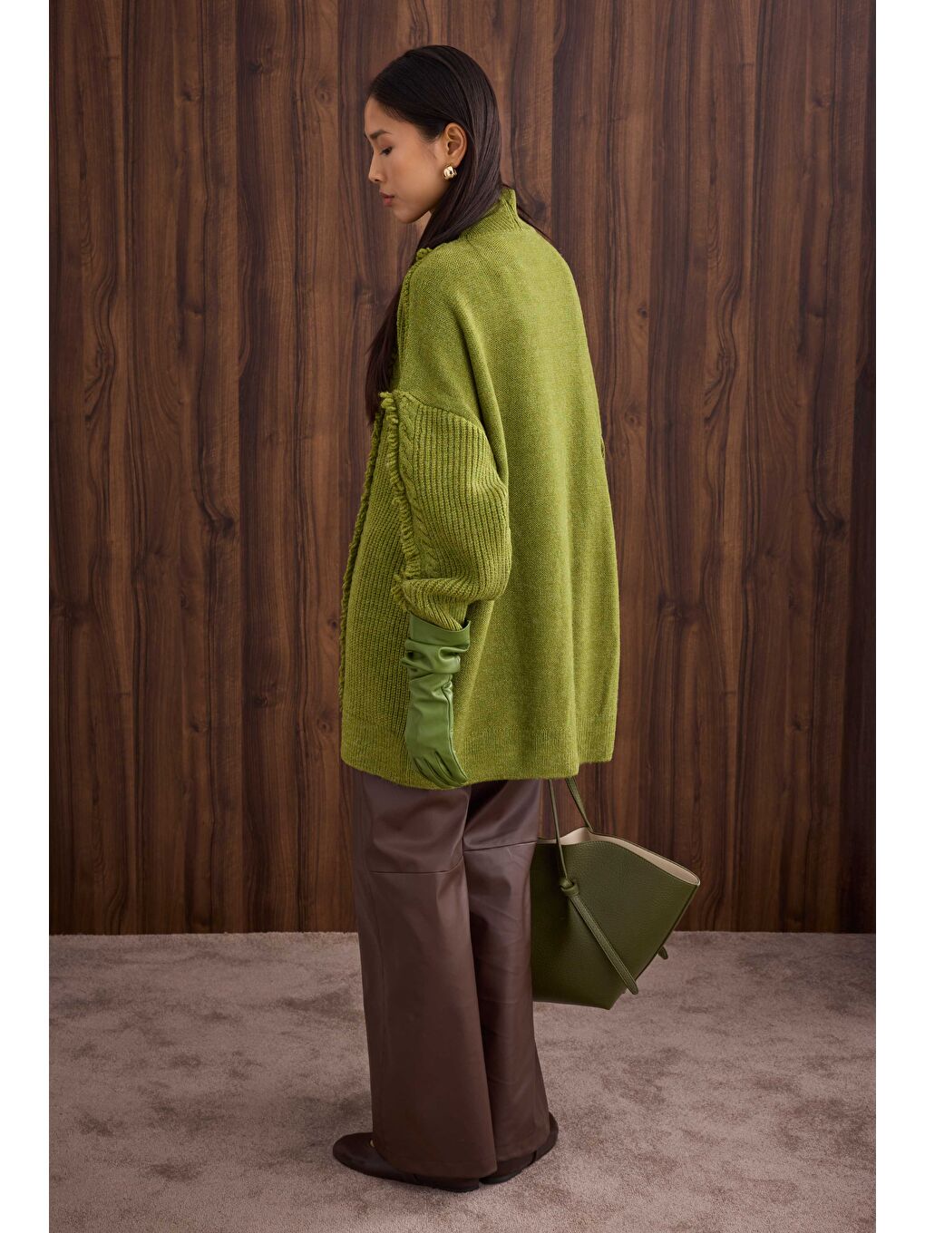 Püskül Detaylı Örme Kazak Yeşil-4