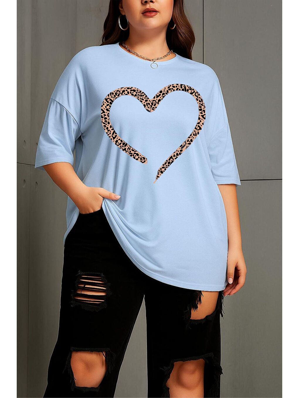 Turkuaz Love Kadın Büyük Beden Battal Baskılı Bisiklet Yaka Pamuklu T-Shirt Rahat Kesim Unisex Sevgili Kombi