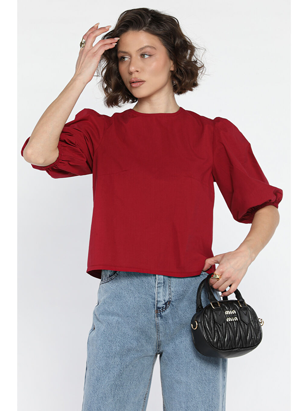 Bordo Kadın Sırt Bağlama Detaylı Kol Lastikli Bluz-1