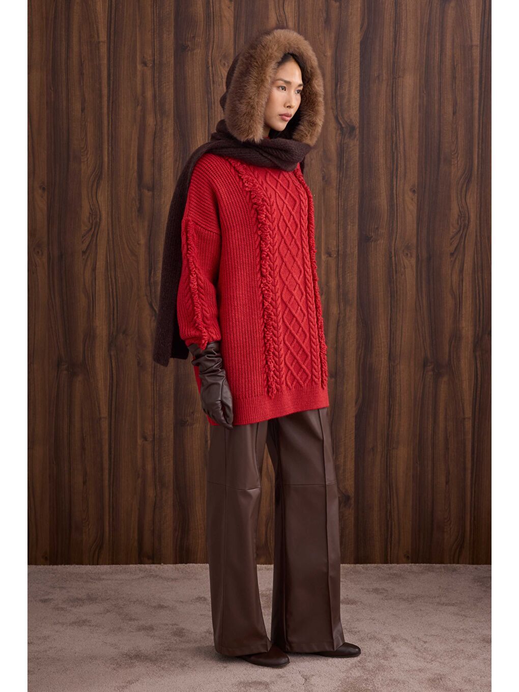 Püskül Detaylı Örme Kazak Kırmızı-3