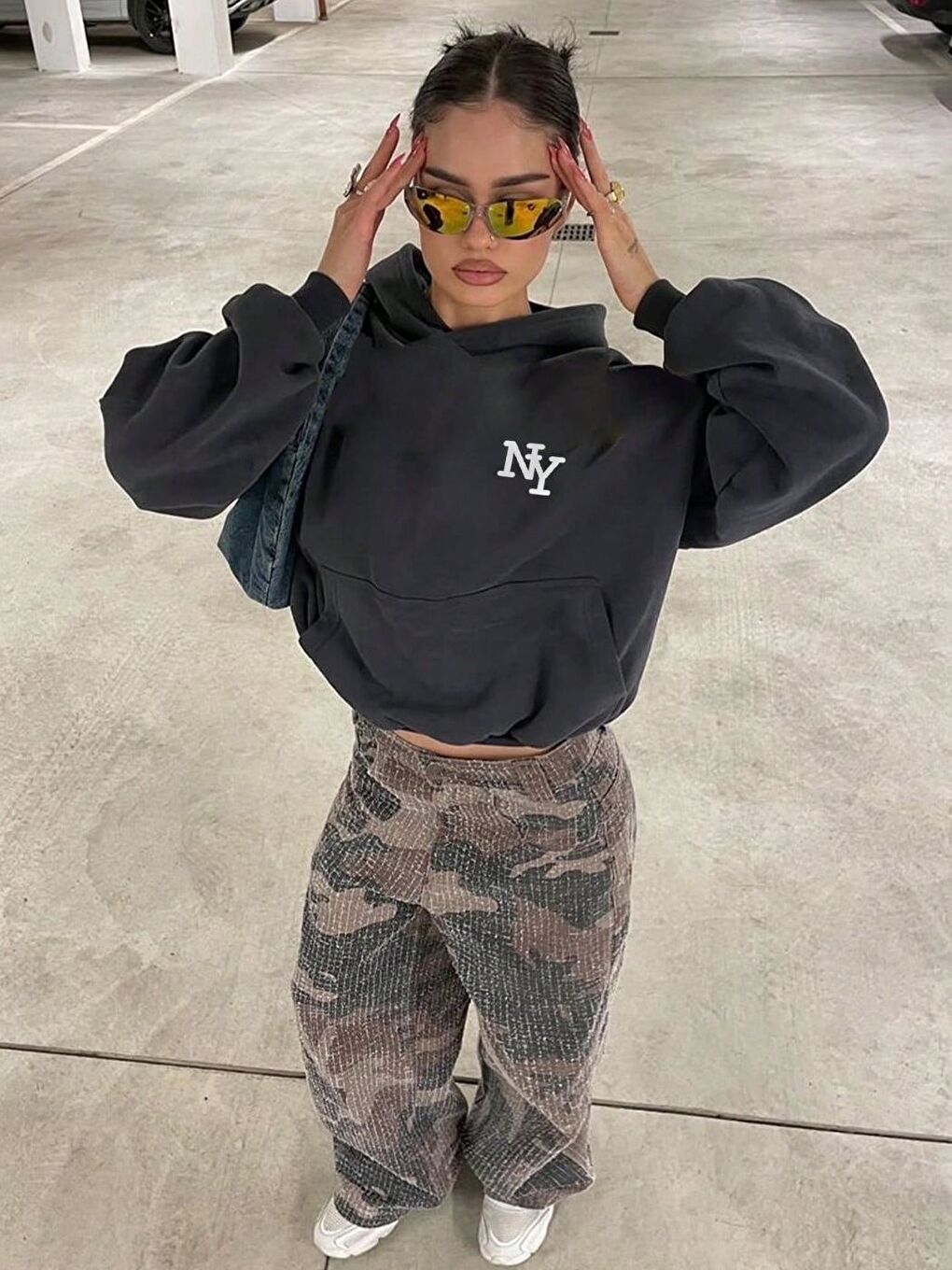 Gri Füme NY Baskılı Oversize Kapüşonlu Sweatshirt Hoodie