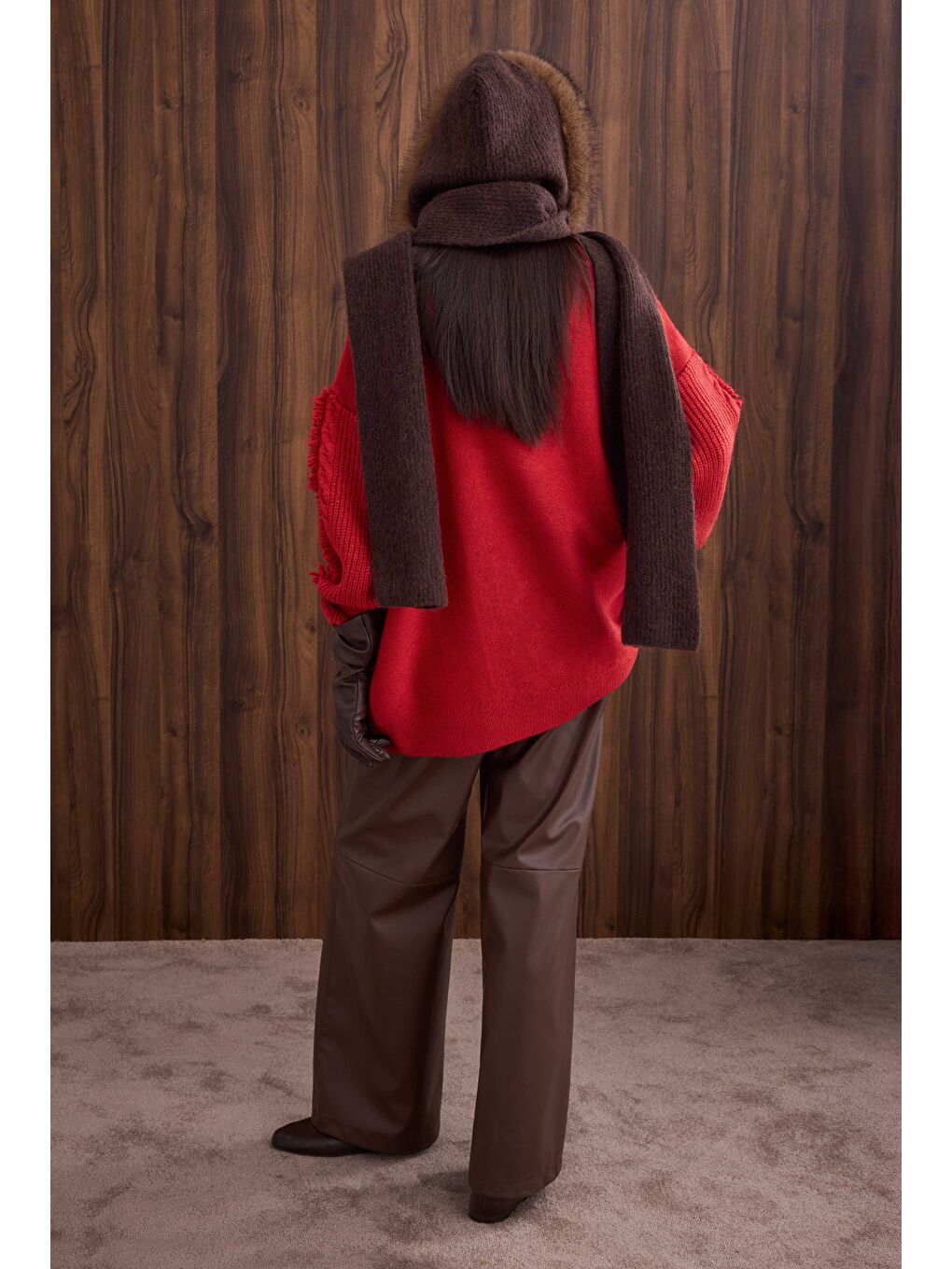 Püskül Detaylı Örme Kazak Kırmızı-4