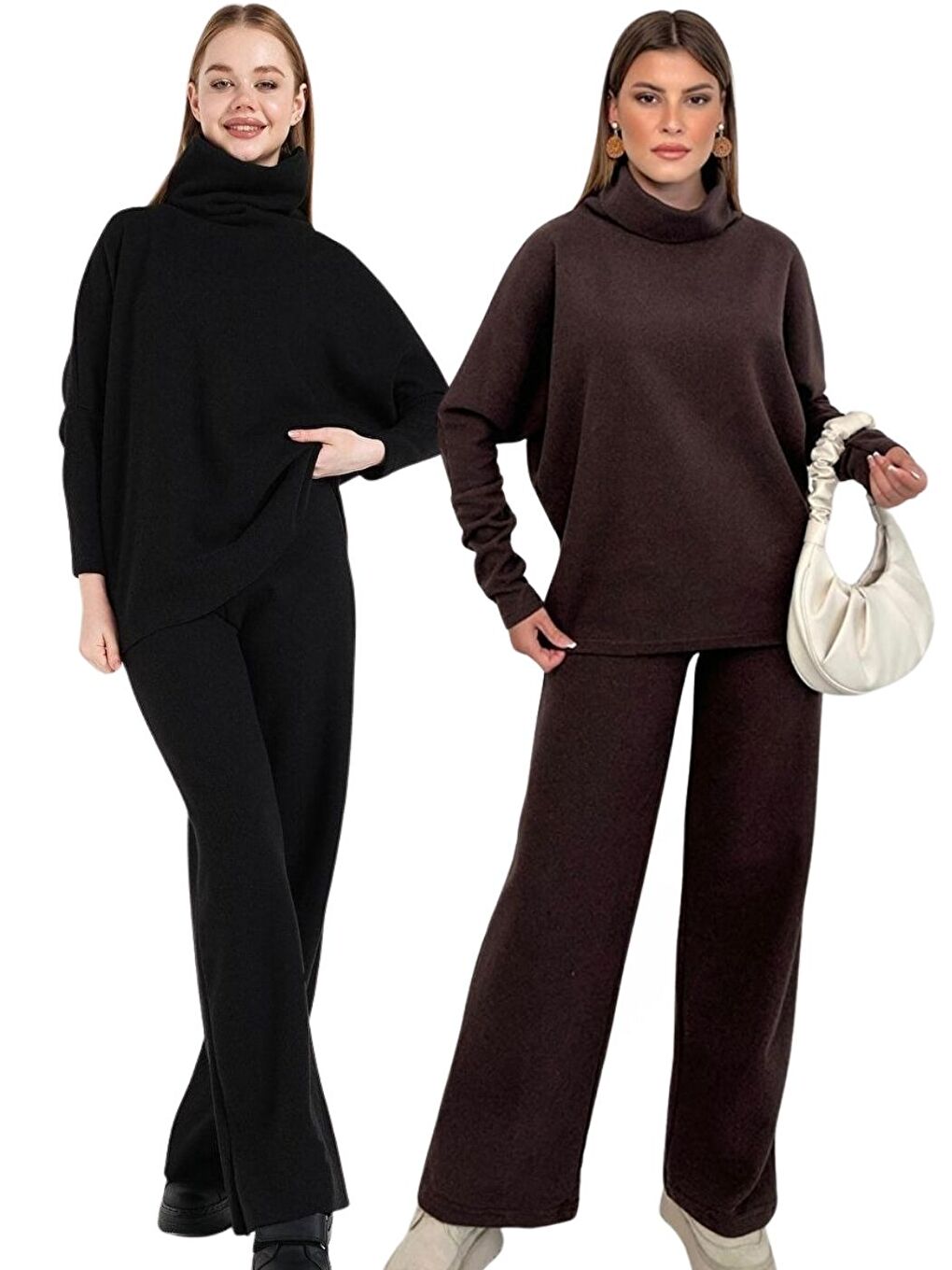 2Li Set Siyah Kahverengi Selanik Kumaş Boğaz Detaylı Oversize Takım