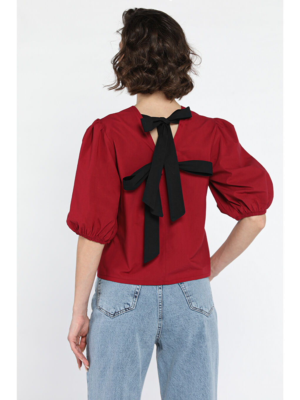 Bordo Kadın Sırt Bağlama Detaylı Kol Lastikli Bluz-2