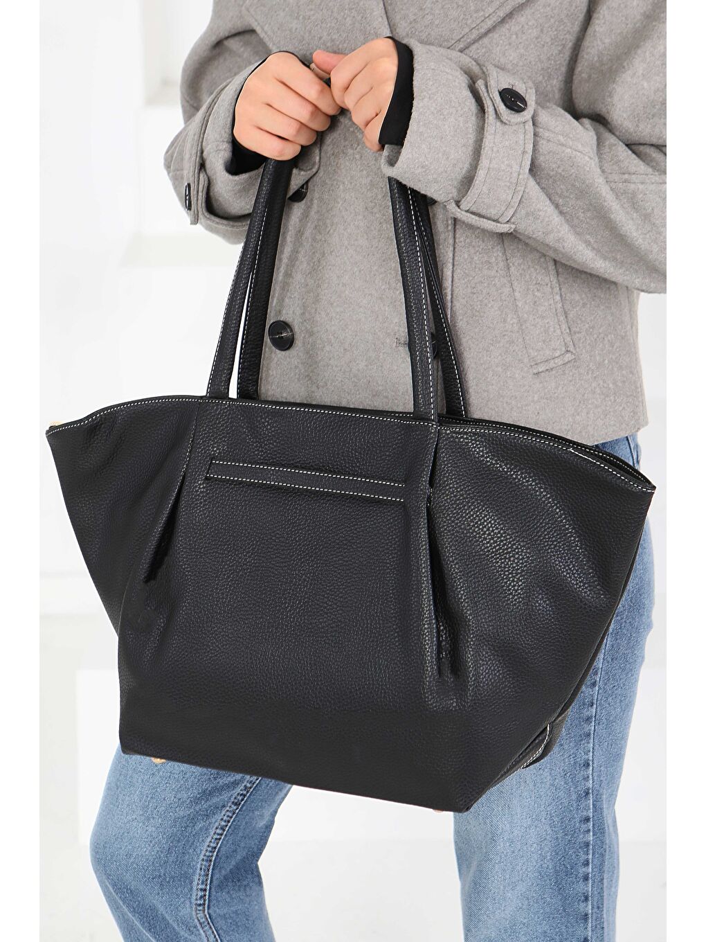 Kadın Siyah Geniş Suni Deri Omuz Çantası - 27844-SIYAH-3