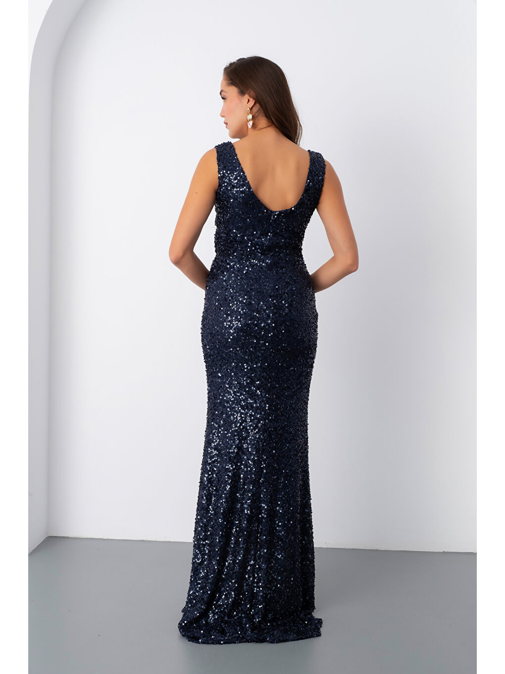 Kadın Lacivert V Yaka Pul Payet Uzun Abiye Elbise-5