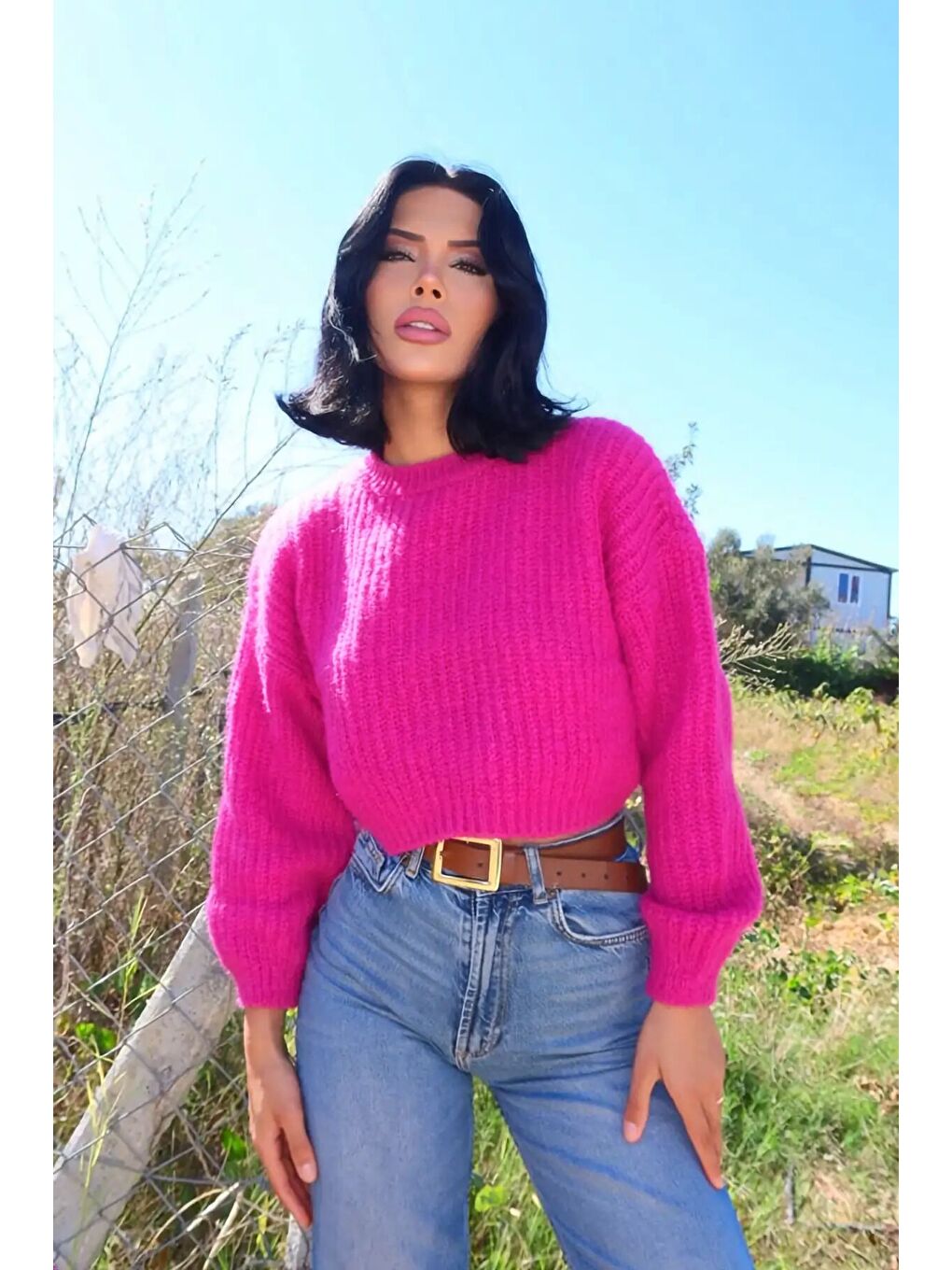 Fuşya Bisiklet Yaka Kısa Triko Kazak E-199-4