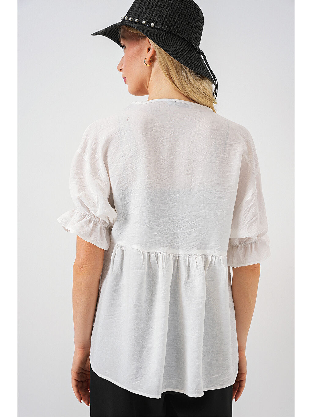 Kadın Önü Bağcıklı Kısa Kol Bluz 962 - Beyaz-5