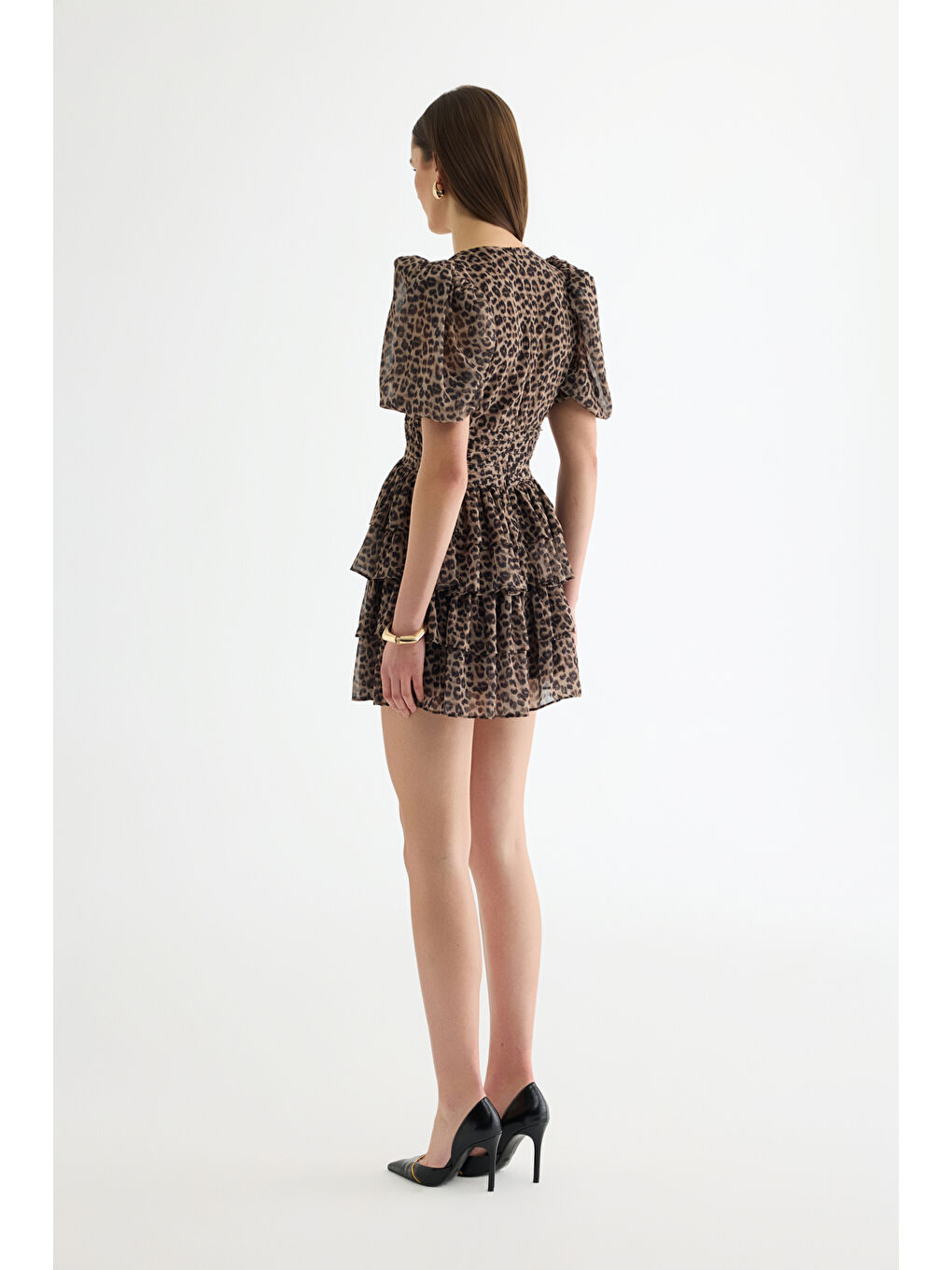 Leopar Desenli Balon Kol Mini Elbise Kahverengi-1
