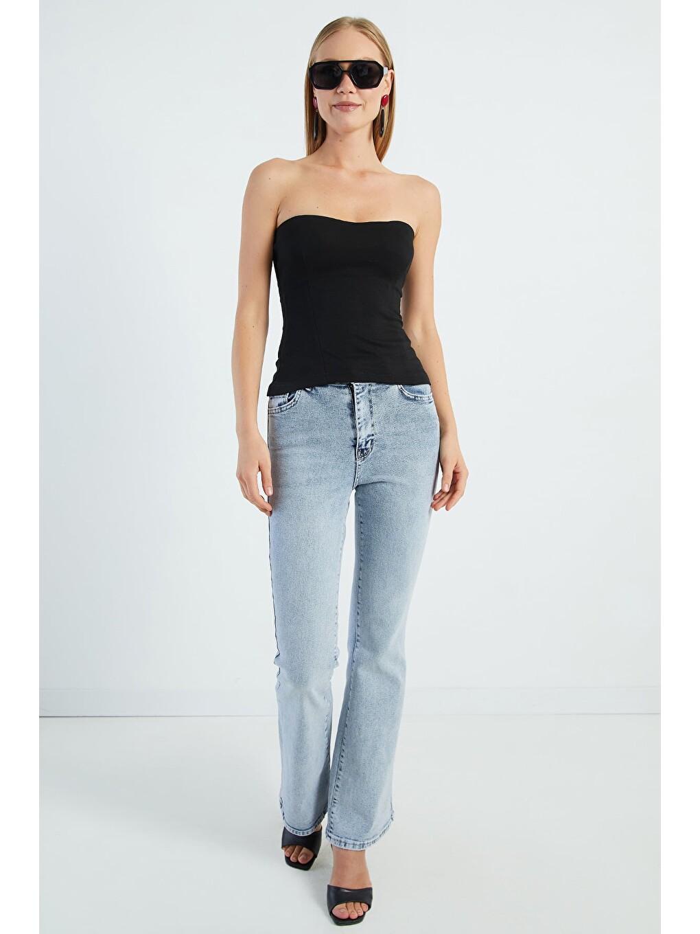 Siyah Basic Straplez Yaka Kaplı Bluz-3