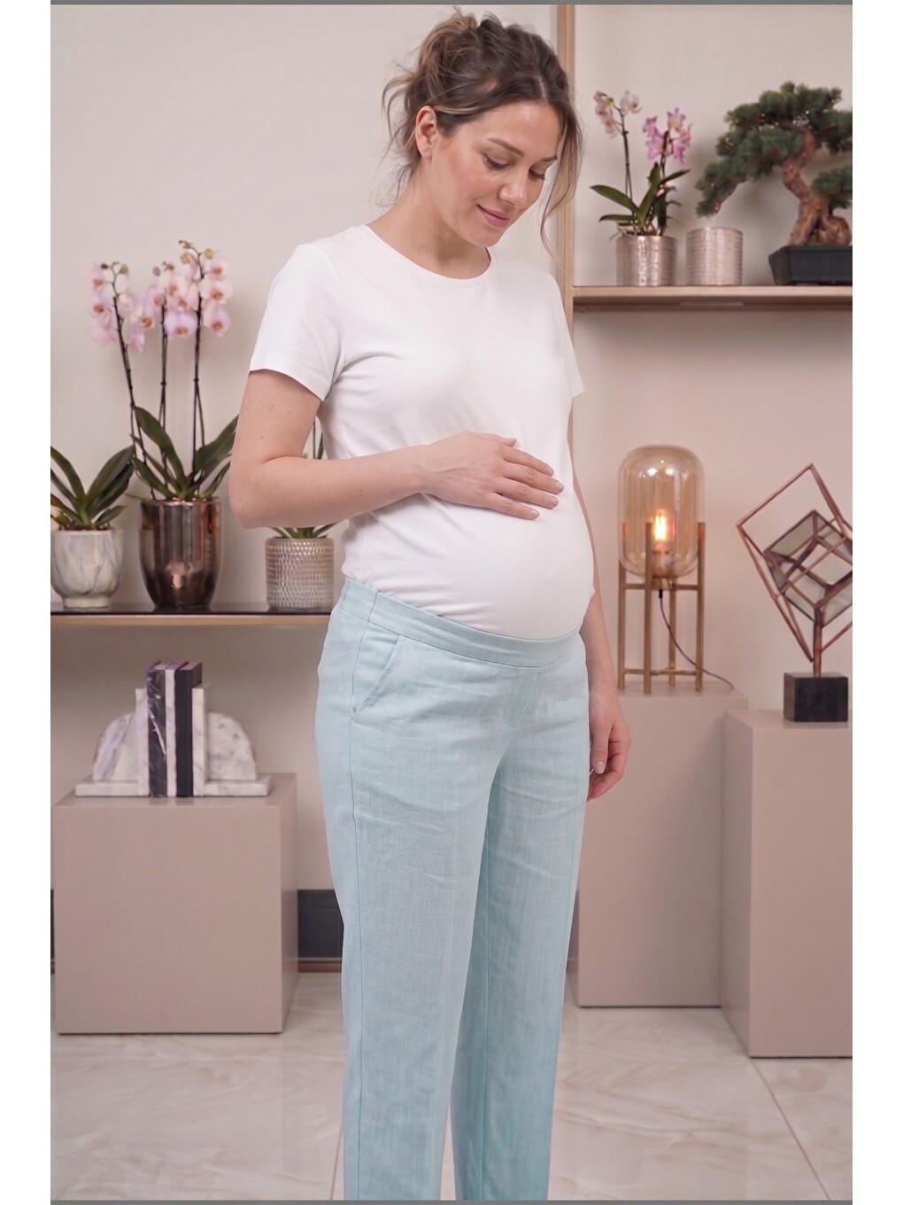 Mavi Santorini %100 PamukKeten Hamile ve Lohusa Pantolonu - Dökümlü Wide Leg-2