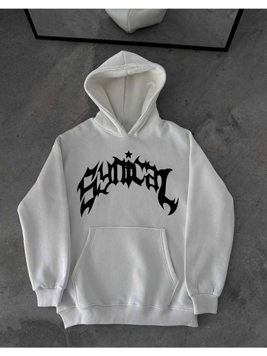 Kışlık Kapüşonlu Baskılı Oversize Sweatshirt- Beyaz