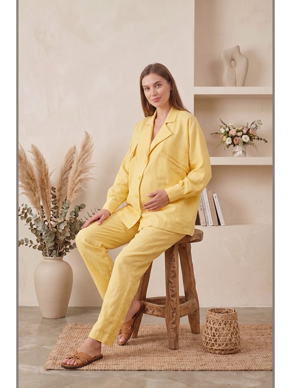 Sarı Santorini %100 PamukKeten Hamile ve Lohusa Pantolonu - Dökümlü Wide Leg-1