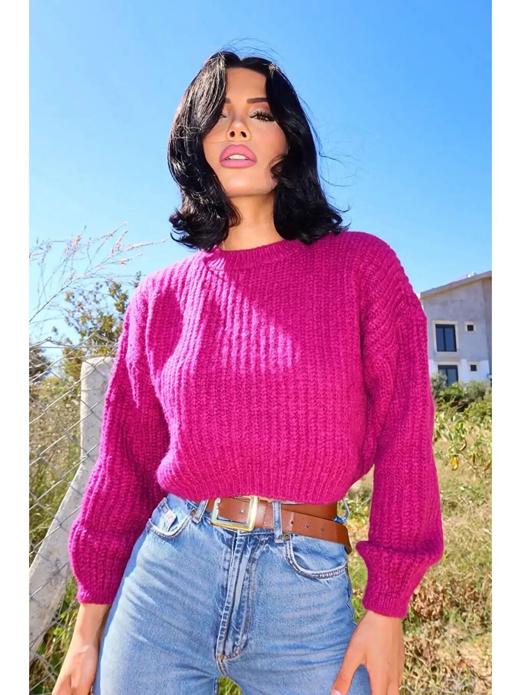 Fuşya Bisiklet Yaka Kısa Triko Kazak E-199-1