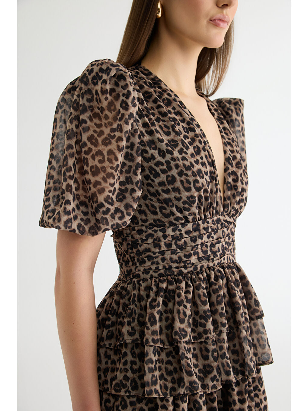 Leopar Desenli Balon Kol Mini Elbise Kahverengi-2