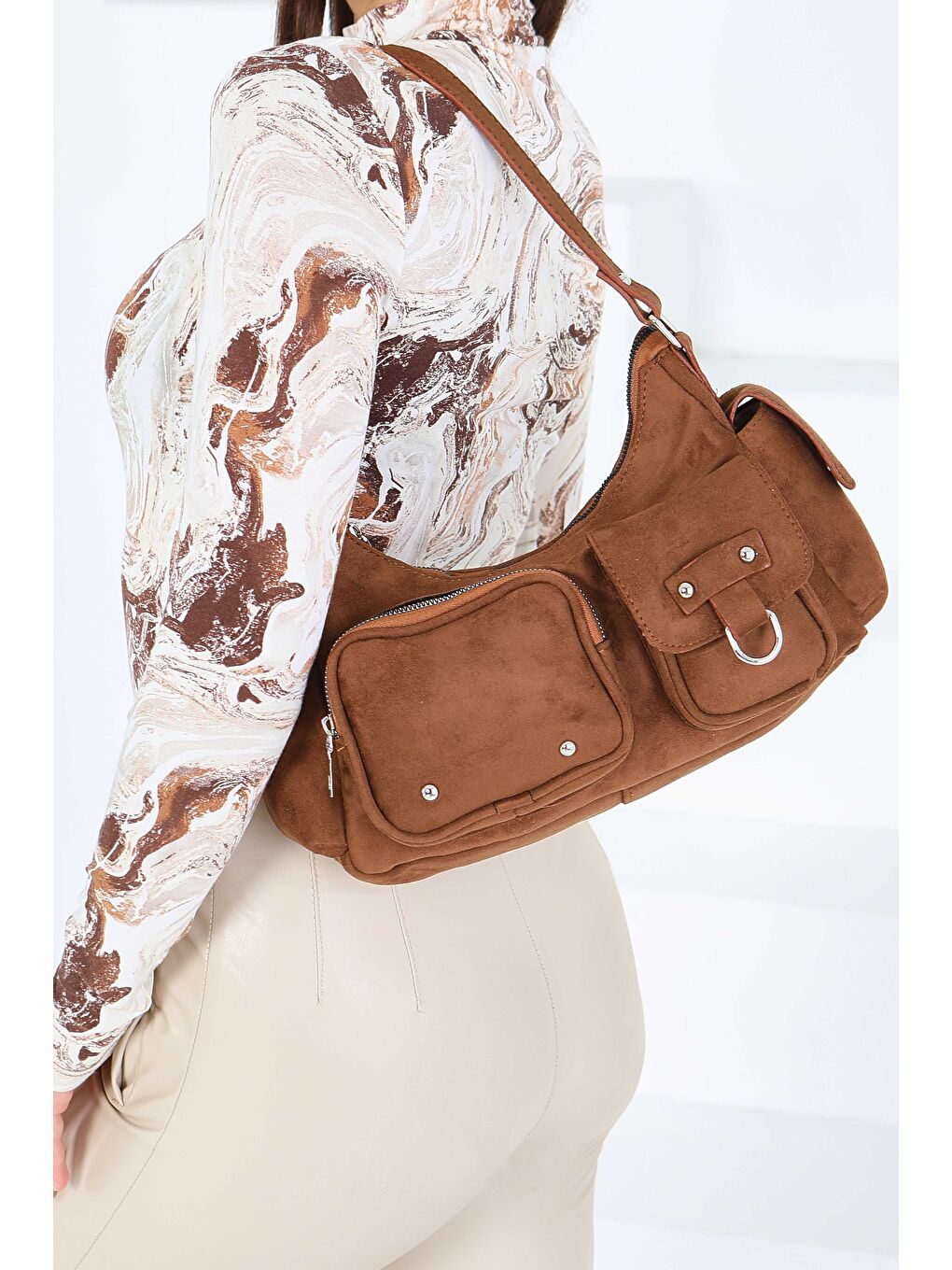 Kahverengi Kadın Taba Cep Detaylı Süet Kol Çantası - 27846-TABA-1