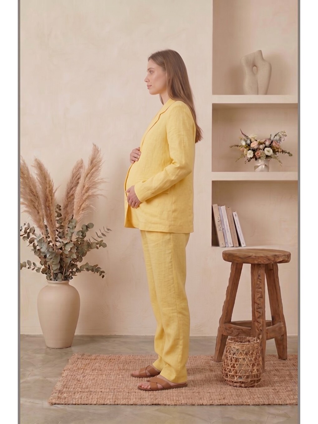 Sarı Santorini %100 PamukKeten Hamile ve Lohusa Pantolonu - Dökümlü Wide Leg-2