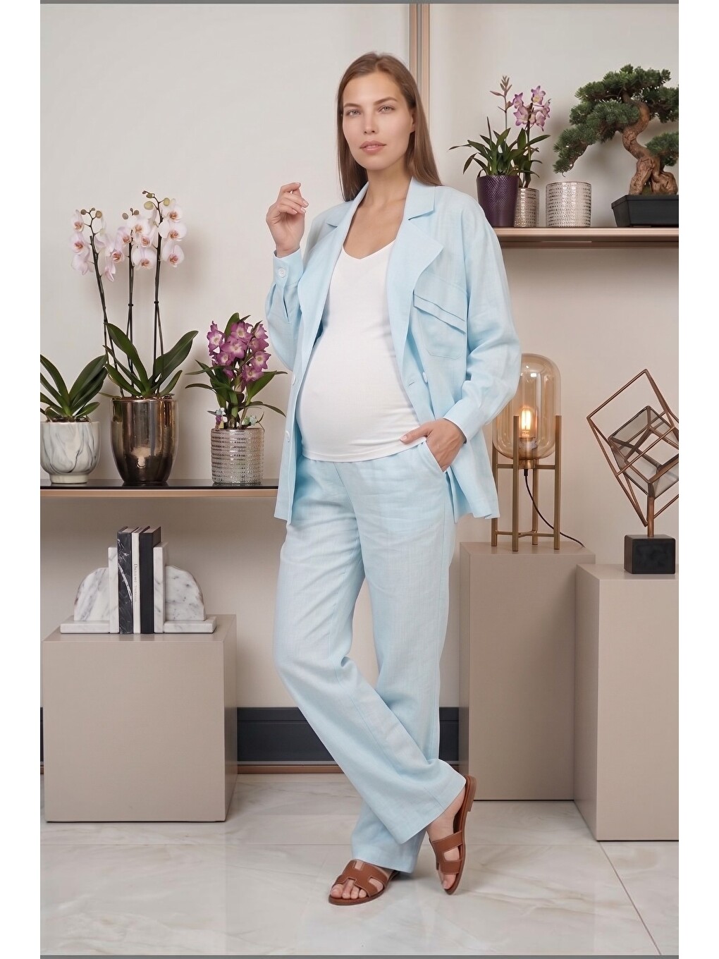 Mavi Santorini %100 PamukKeten Hamile ve Lohusa Pantolonu - Dökümlü Wide Leg-4