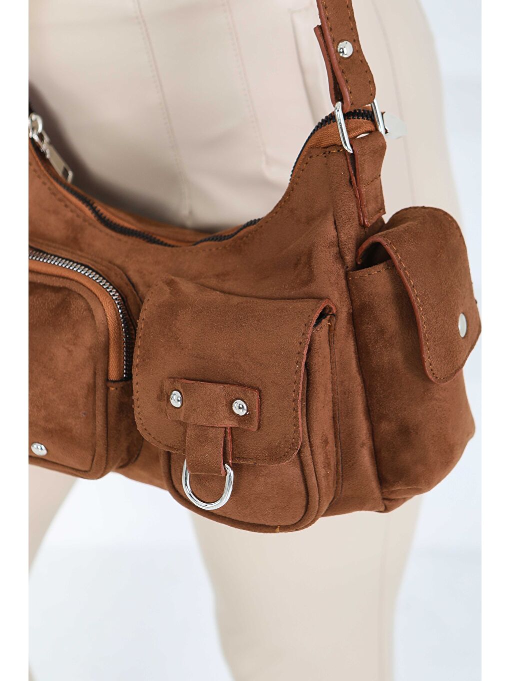 Kahverengi Kadın Taba Cep Detaylı Süet Kol Çantası - 27846-TABA-3