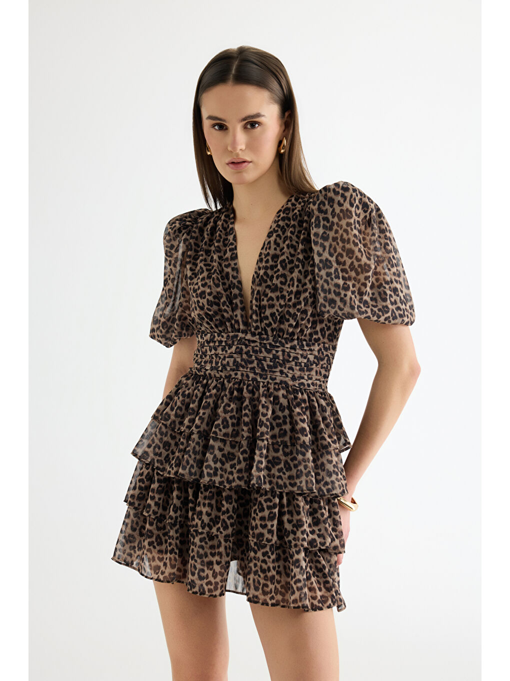 Leopar Desenli Balon Kol Mini Elbise Kahverengi-4