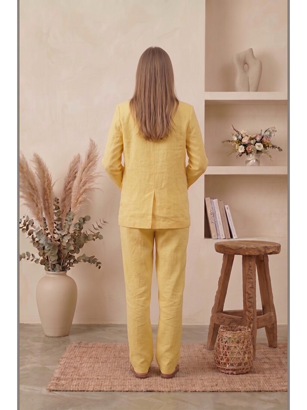 Sarı Santorini %100 PamukKeten Hamile ve Lohusa Pantolonu - Dökümlü Wide Leg-5