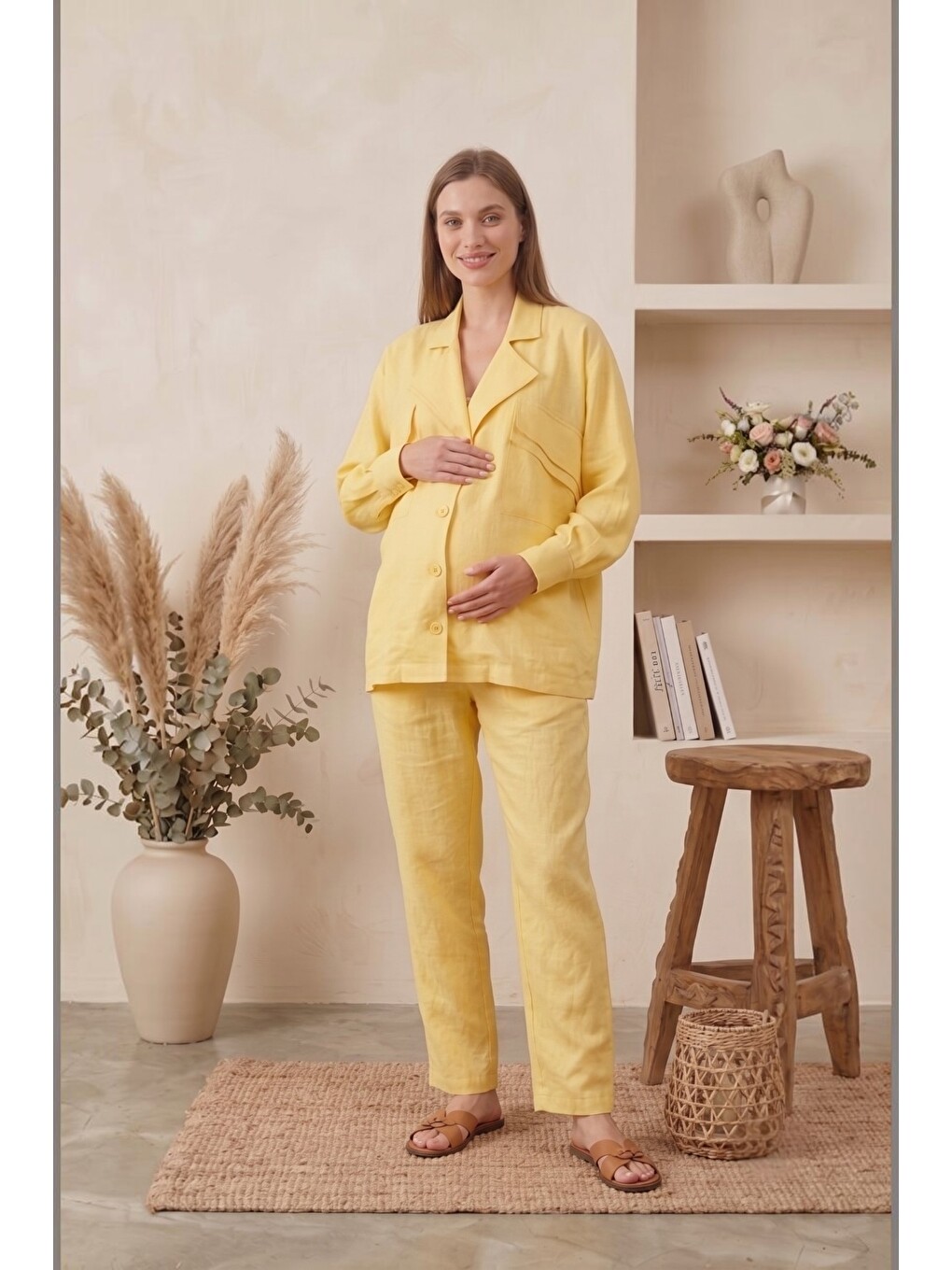 Sarı Santorini %100 PamukKeten Hamile ve Lohusa Pantolonu - Dökümlü Wide Leg-6