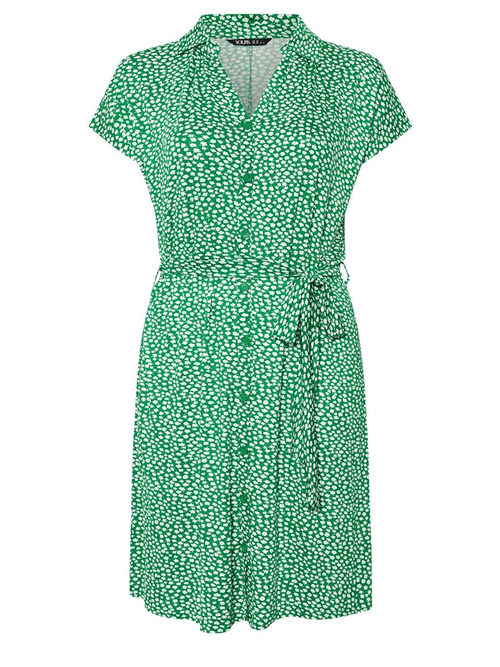 Yeşil Büyük Beden Çiçek Desenli Midi Boy Beli Kuşaklı Düğmeli Elbise 303329-5