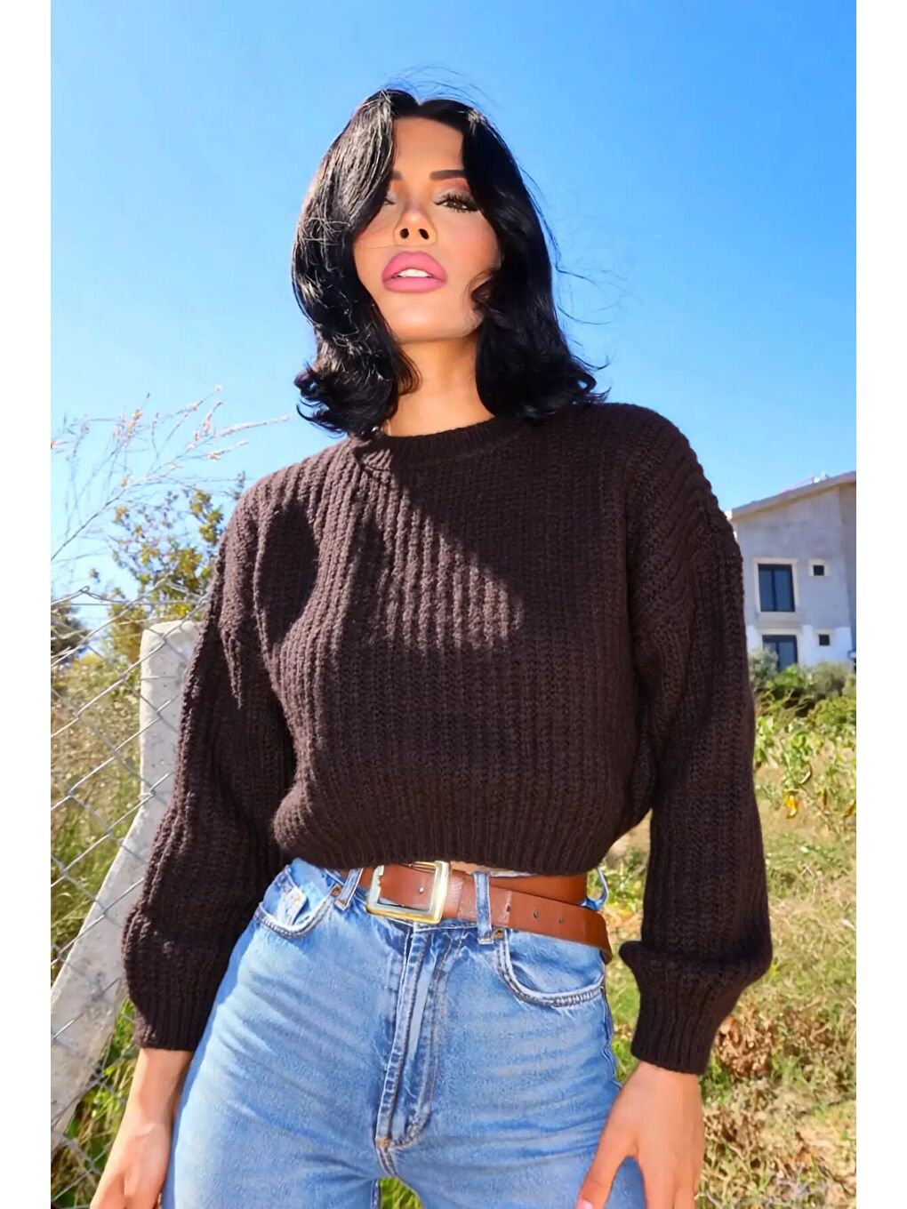 Kahverengi Bisiklet Yaka Kısa Triko Kazak E-199-4