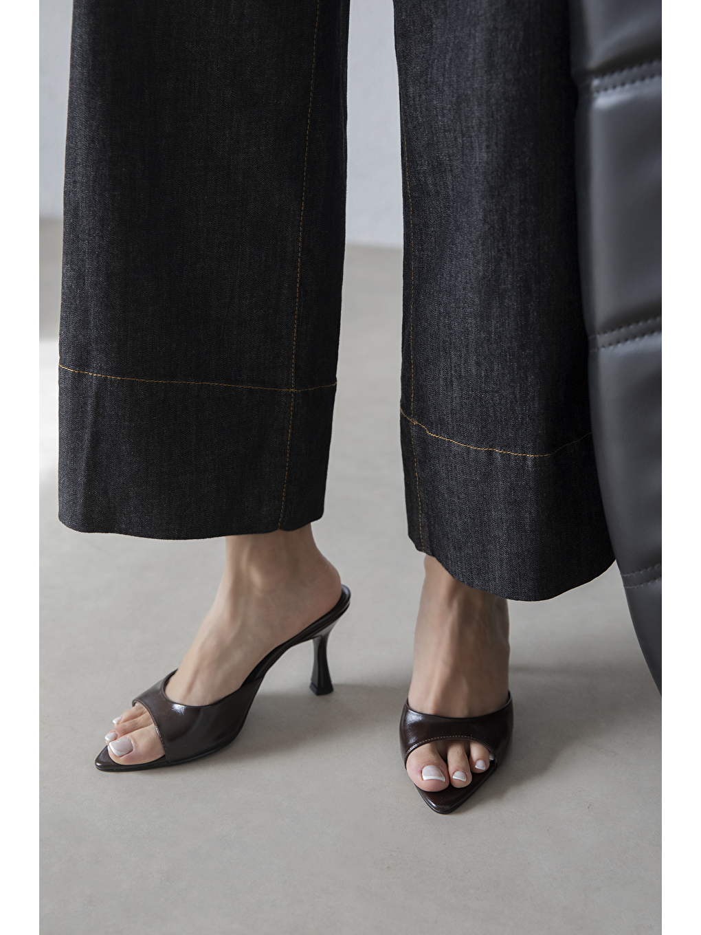 Franco Kadın Topuklu Kırışık Deri Kahverengi Topuklu Terlik-2