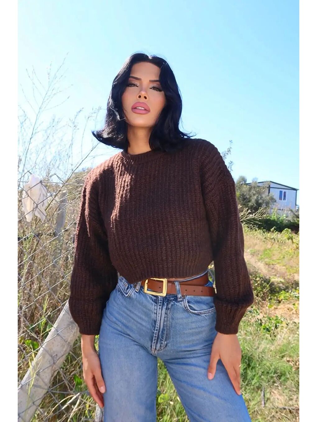 Kahverengi Bisiklet Yaka Kısa Triko Kazak E-199-3