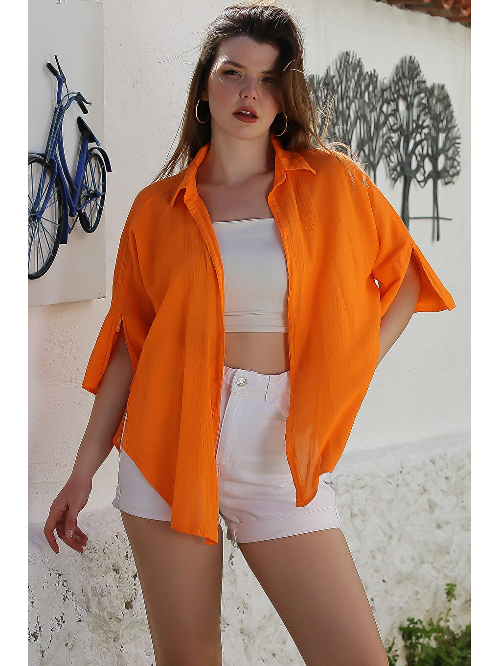Turuncu Gömlek Yaka Kısa Kol Kapamasız Yıkamalı Önden Düğüm Bağlamalı Casual Dokuma Bluz 62 67-1