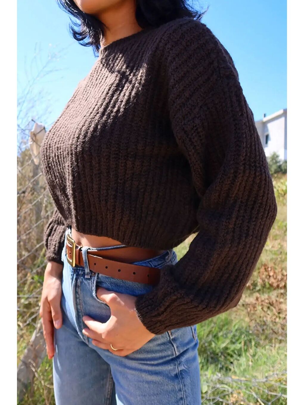 Kahverengi Bisiklet Yaka Kısa Triko Kazak E-199-1