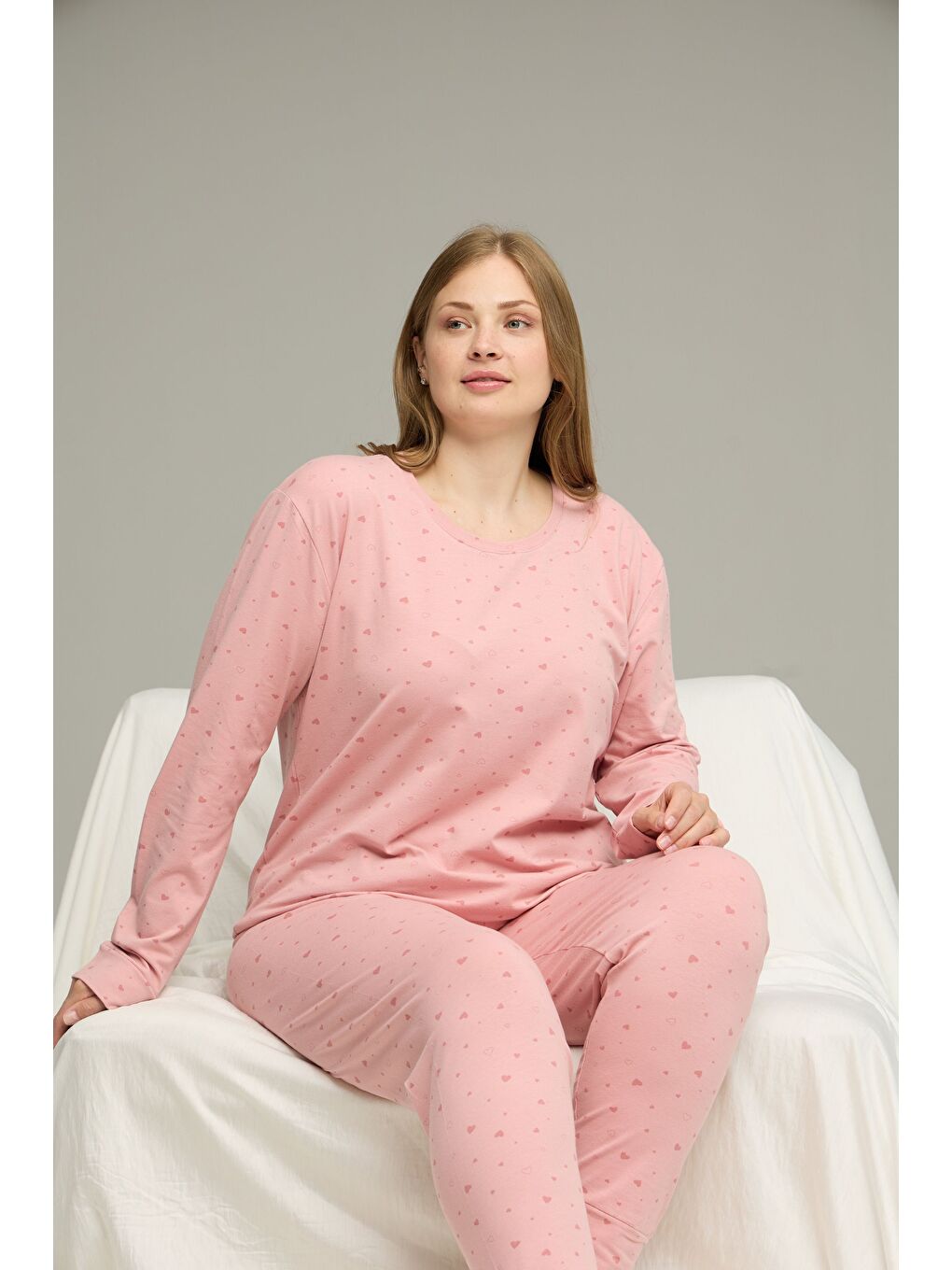 Pembe Pudra Desenli Curve Büyük Beden Battal Boy Pamuklu Pijama Takım25240762