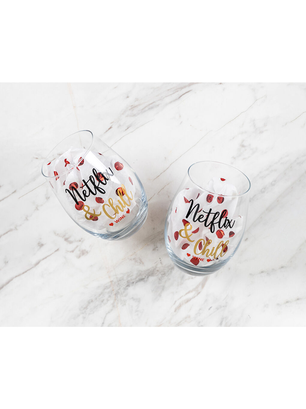 Beyaz Netflix & Chill Wine Baskılı Bardak Seti