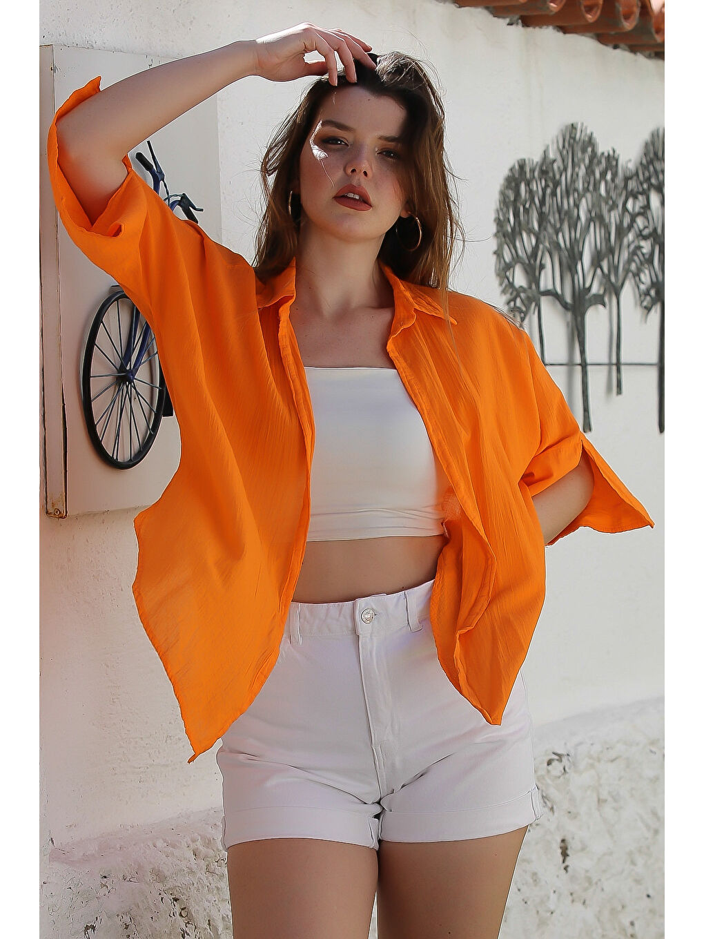 Turuncu Gömlek Yaka Kısa Kol Kapamasız Yıkamalı Önden Düğüm Bağlamalı Casual Dokuma Bluz 62 67-2