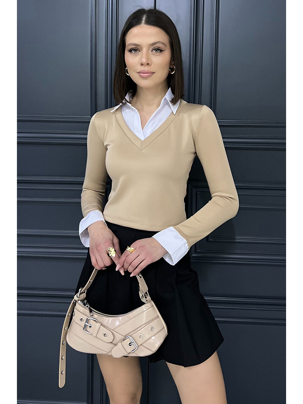 Bej Kadın Gömlek Garnili Crop Bluz