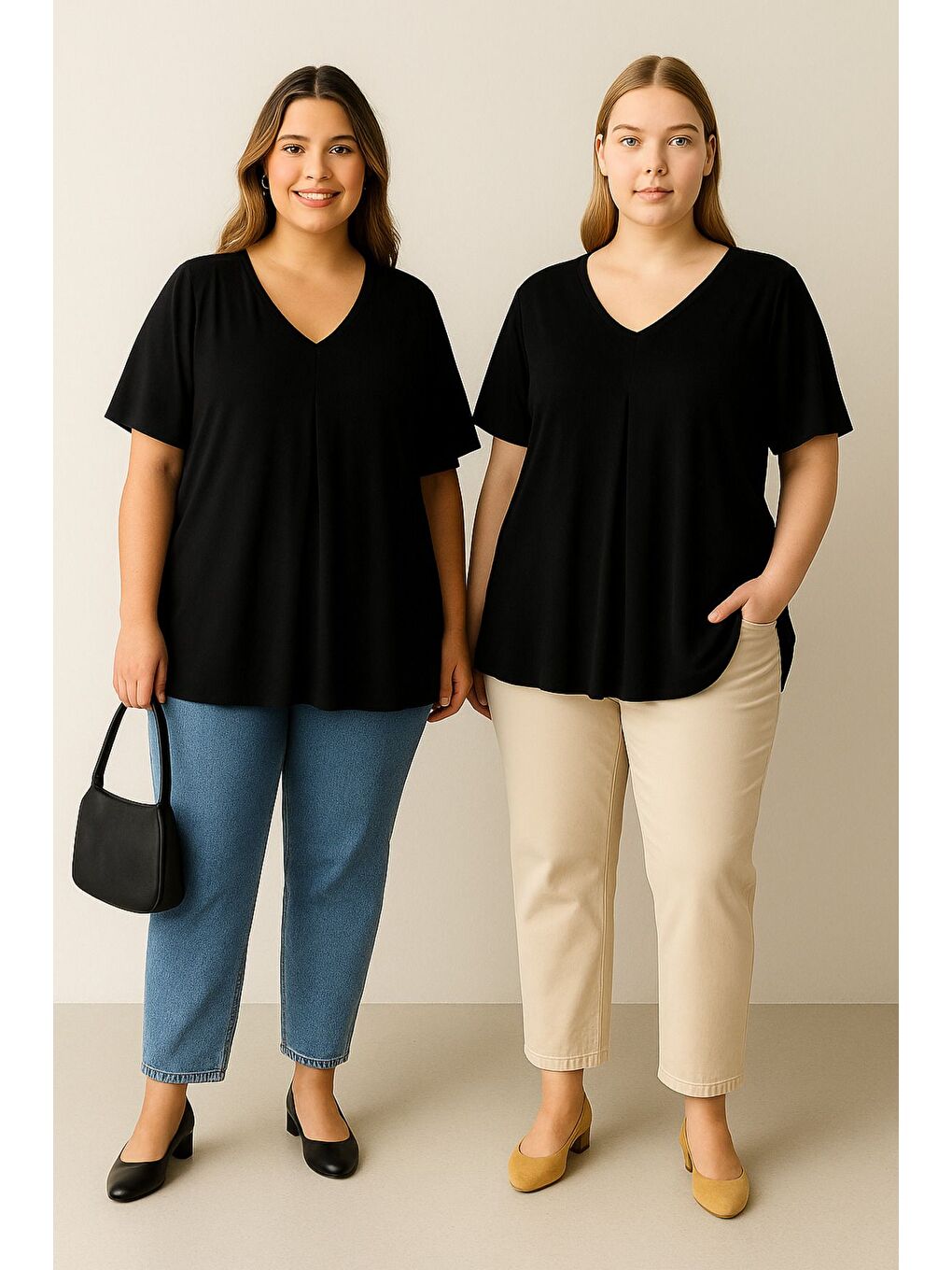 Siyah Büyük Beden İkili Paket V Yaka Desensiz Asimetrik Kesim Elastanlı Bluz 320315x2