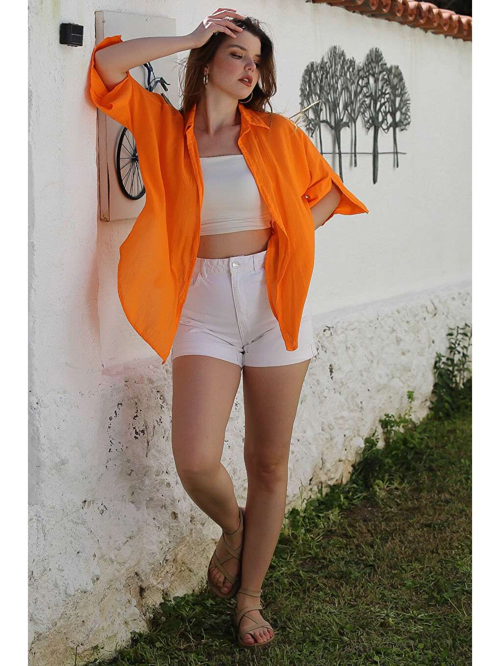 Turuncu Gömlek Yaka Kısa Kol Kapamasız Yıkamalı Önden Düğüm Bağlamalı Casual Dokuma Bluz 62 67-6