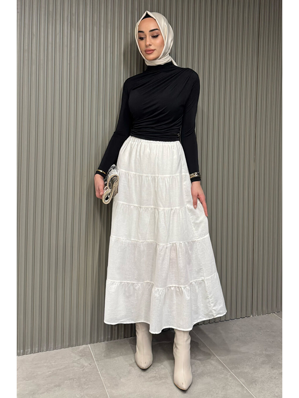 Beyaz Kadın Bel Lastikli Fırfırlı İç Astarlı Uzun Etek-2