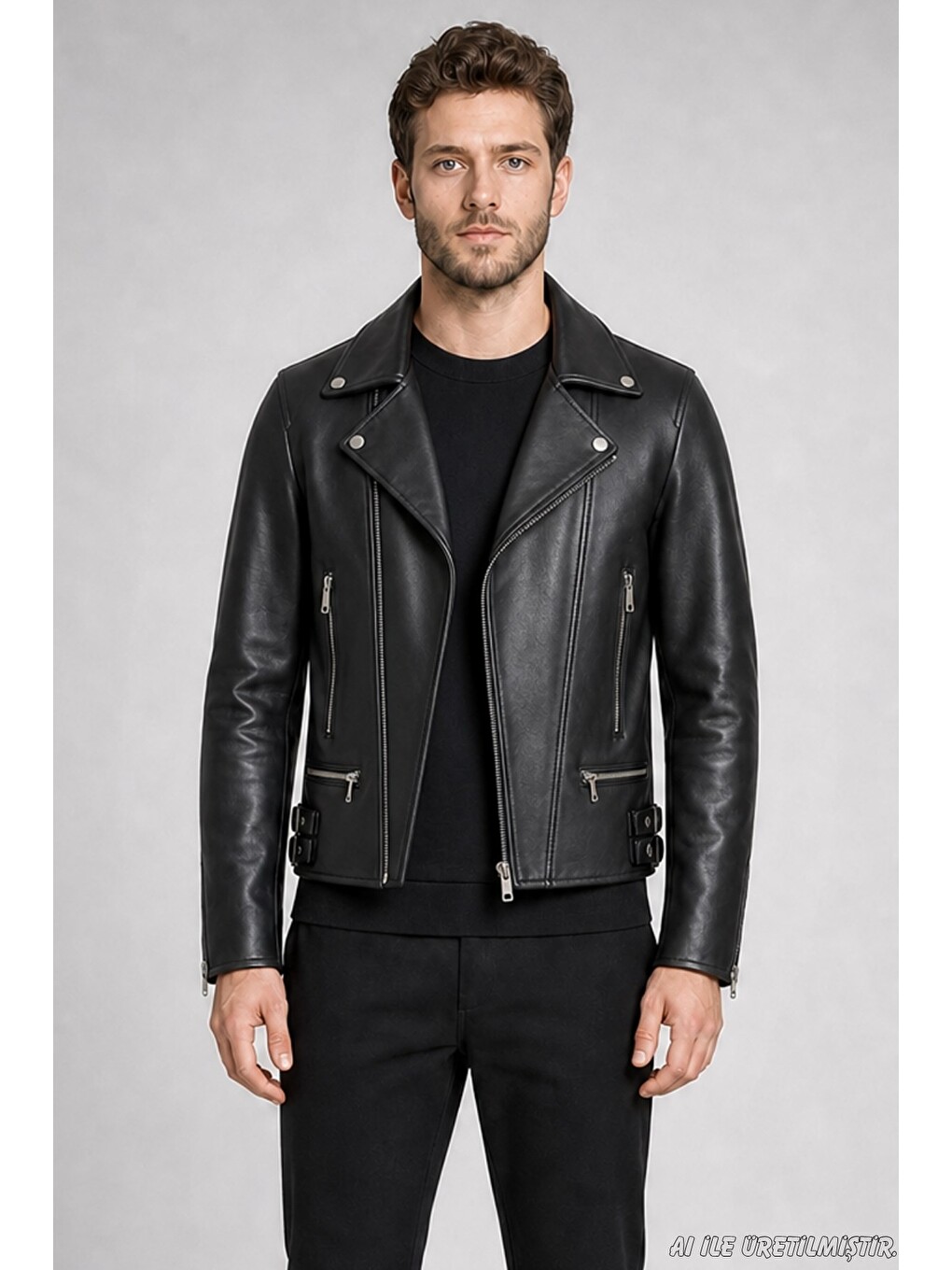 Siyah Erkek Slim Fit Çapraz Fermuarlı İçi Kürklü Suni Deri Ceket-1