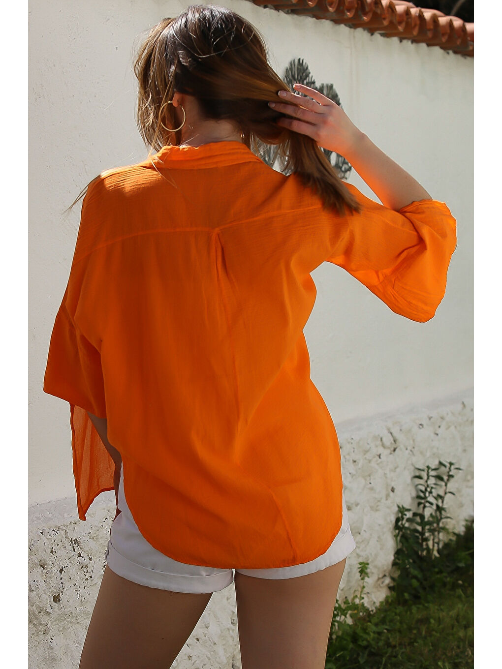 Turuncu Gömlek Yaka Kısa Kol Kapamasız Yıkamalı Önden Düğüm Bağlamalı Casual Dokuma Bluz 62 67-7